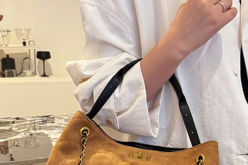 Chain Quilted Crossbody Tote Faux Suede Strap Bag