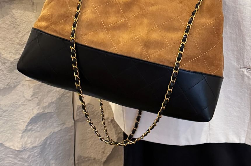 Chain Quilted Crossbody Tote Faux Suede Strap Bag