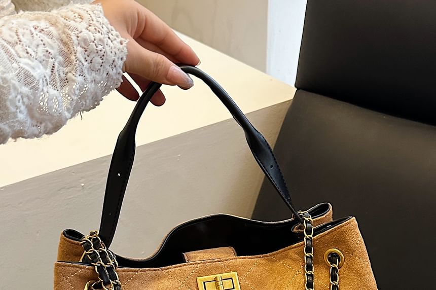 Chain Quilted Crossbody Tote Faux Suede Strap Bag