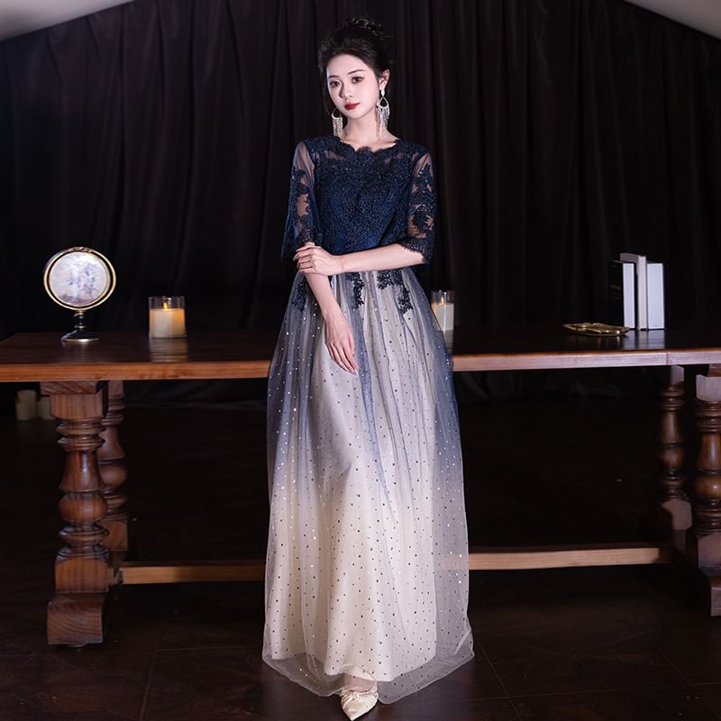 Designs) Gown / Dress Lace Panel (Various Evening Gradient Short-Sleeve Neck Round Cocktail