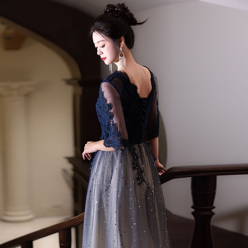 Designs) Gown / Dress Lace Panel (Various Evening Gradient Short-Sleeve Neck Round Cocktail