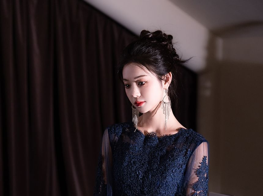 Designs) Gown / Dress Lace Panel (Various Evening Gradient Short-Sleeve Neck Round Cocktail