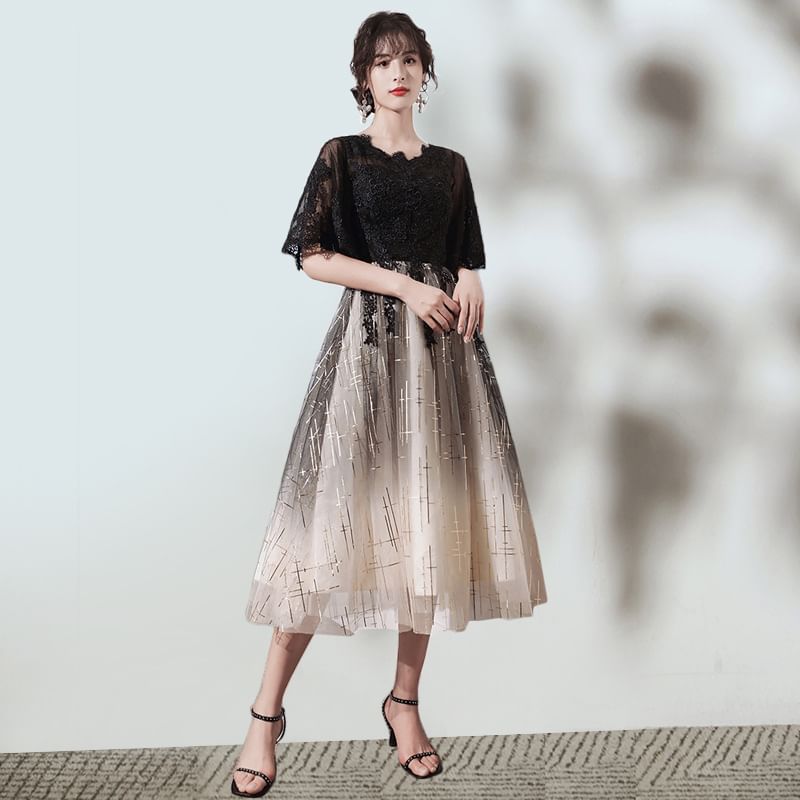 (Various Gradient Evening Designs) Glitter Gown V-Neck Short-Sleeve