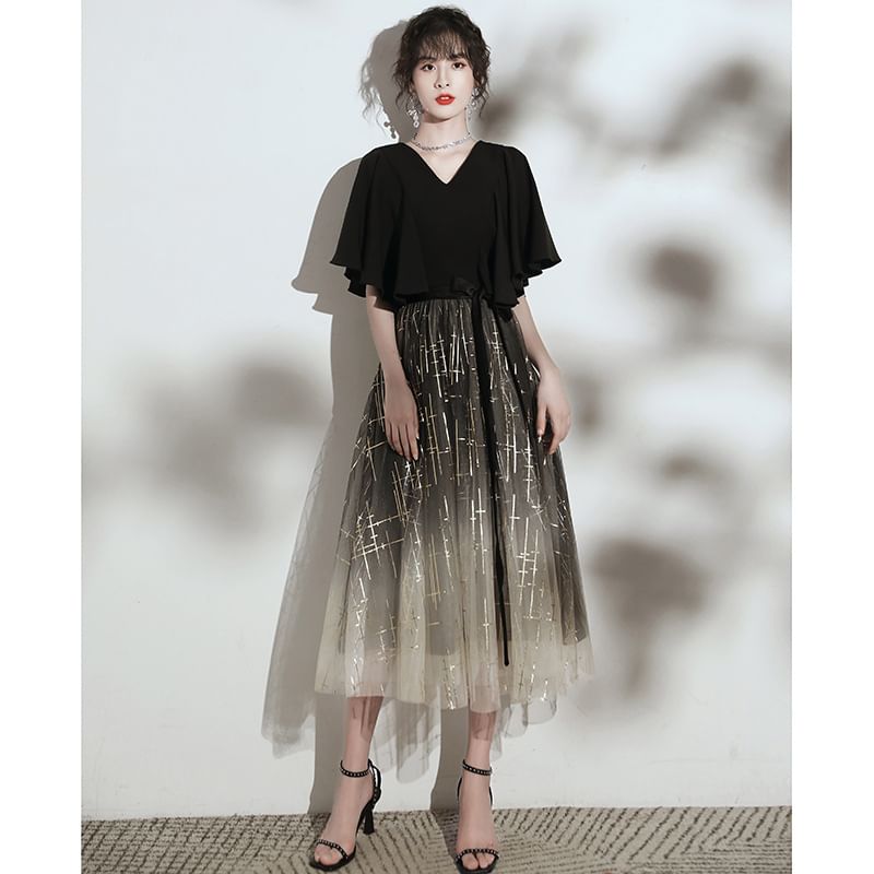 (Various Gradient Evening Designs) Glitter Gown V-Neck Short-Sleeve