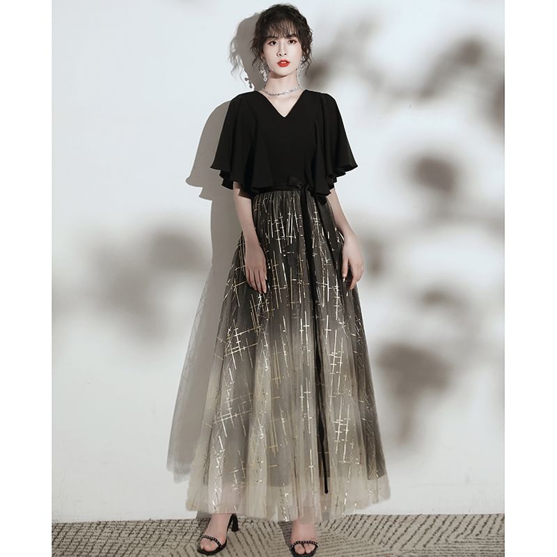 (Various Gradient Evening Designs) Glitter Gown V-Neck Short-Sleeve