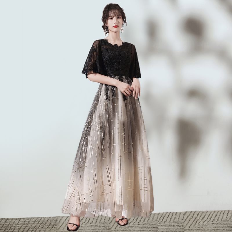 (Various Gradient Evening Designs) Glitter Gown V-Neck Short-Sleeve