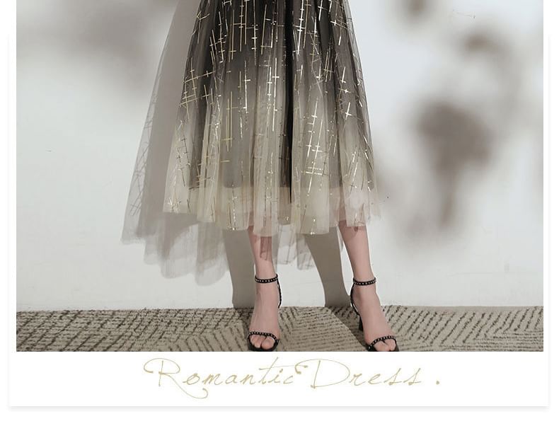 (Various Gradient Evening Designs) Glitter Gown V-Neck Short-Sleeve