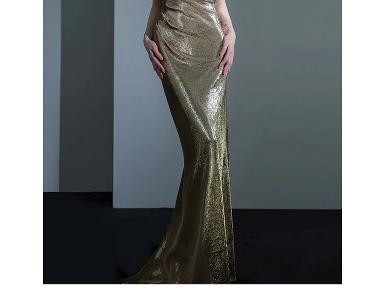 Gown Neck Evening Open Mermaid Cowl Back Sequin Sleeveless