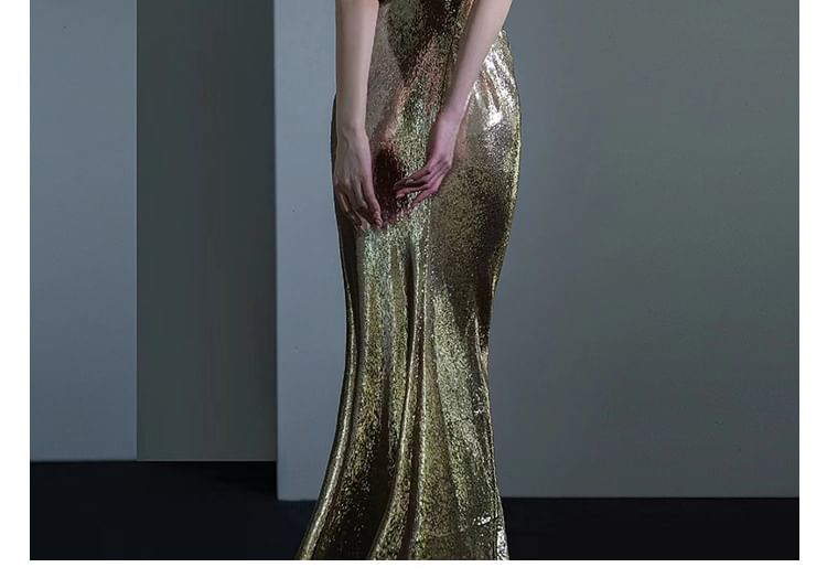 Gown Neck Evening Open Mermaid Cowl Back Sequin Sleeveless