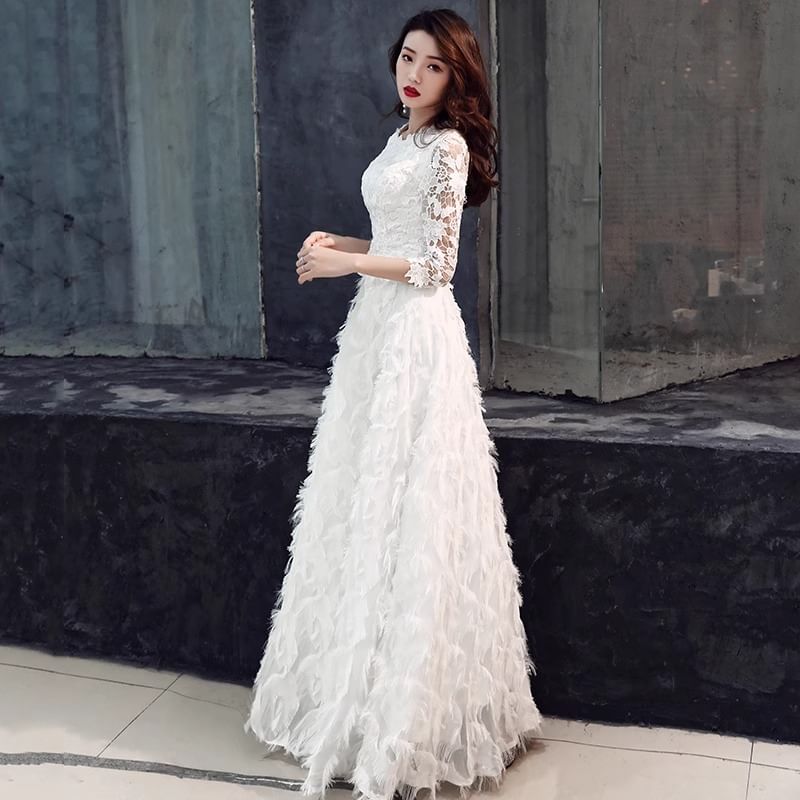 A-Line Midi 3/4 Plain Gown Fringe Lace Cocktail Neck Sleeve Panel Evening / Round Dress