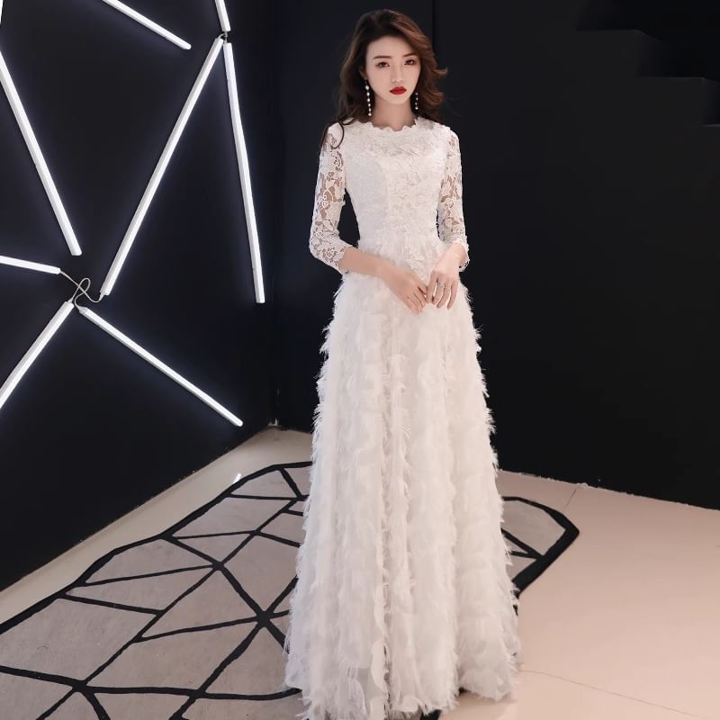 A-Line Midi 3/4 Plain Gown Fringe Lace Cocktail Neck Sleeve Panel Evening / Round Dress