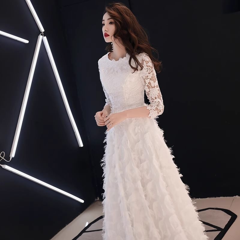A-Line Midi 3/4 Plain Gown Fringe Lace Cocktail Neck Sleeve Panel Evening / Round Dress