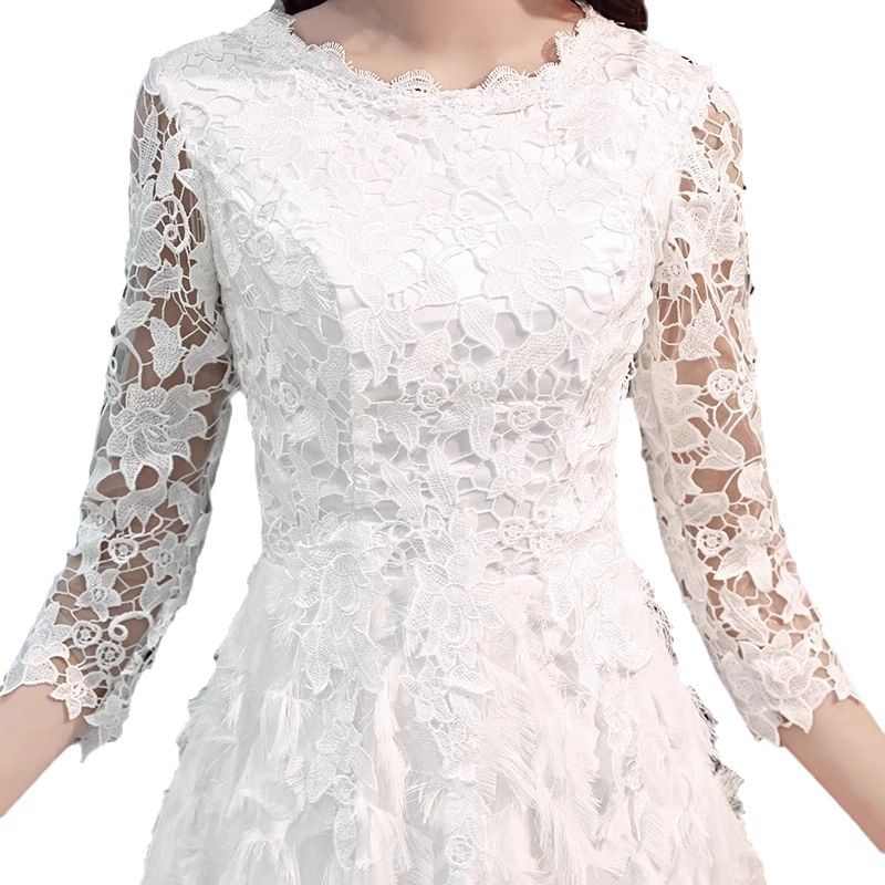 A-Line Midi 3/4 Plain Gown Fringe Lace Cocktail Neck Sleeve Panel Evening / Round Dress