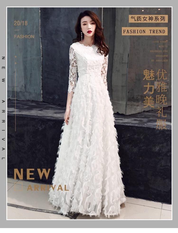 A-Line Midi 3/4 Plain Gown Fringe Lace Cocktail Neck Sleeve Panel Evening / Round Dress