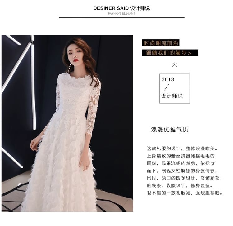 A-Line Midi 3/4 Plain Gown Fringe Lace Cocktail Neck Sleeve Panel Evening / Round Dress