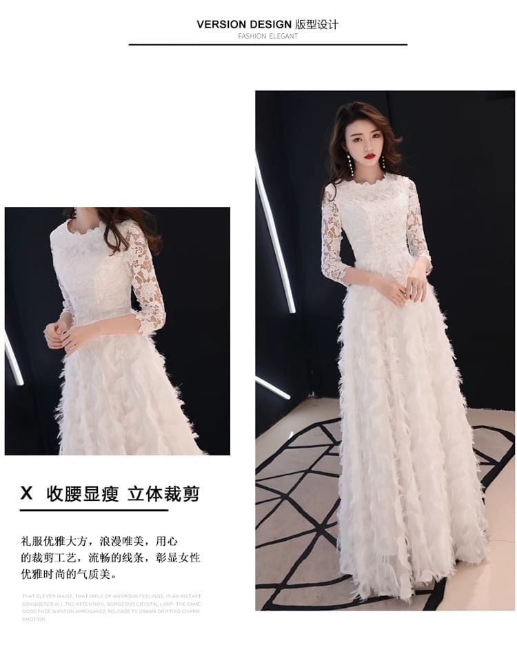 A-Line Midi 3/4 Plain Gown Fringe Lace Cocktail Neck Sleeve Panel Evening / Round Dress