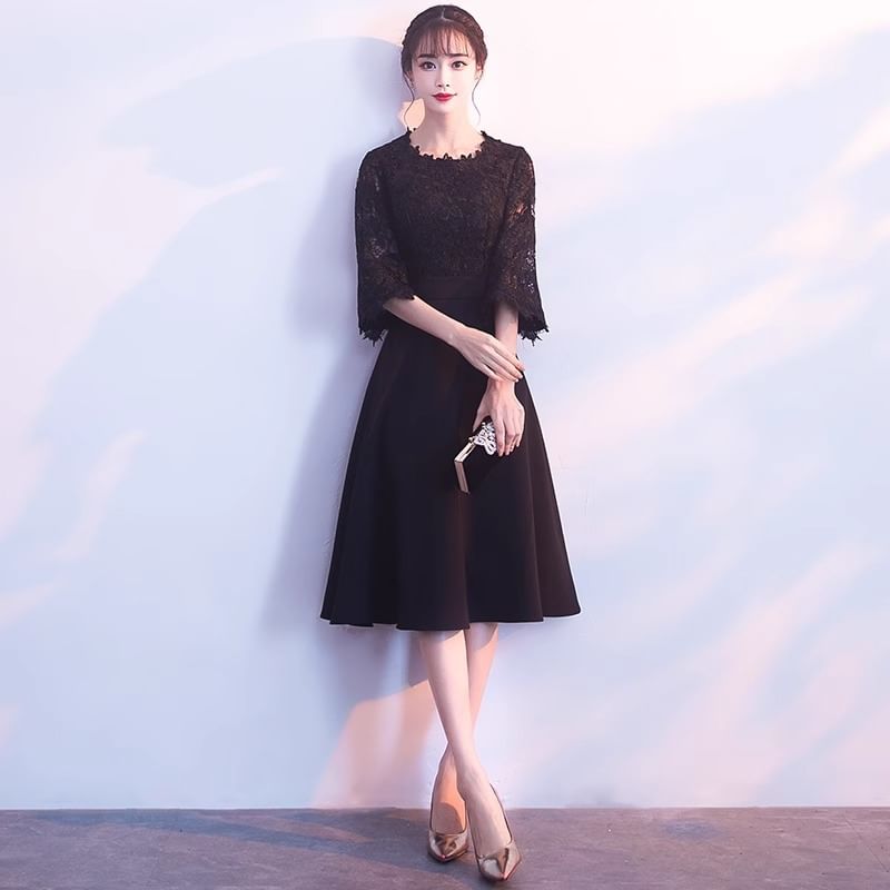 Panel Cocktail Lace Evening Dress / Plain A-Line Sleeve Neck Midi Elbow Gown Round