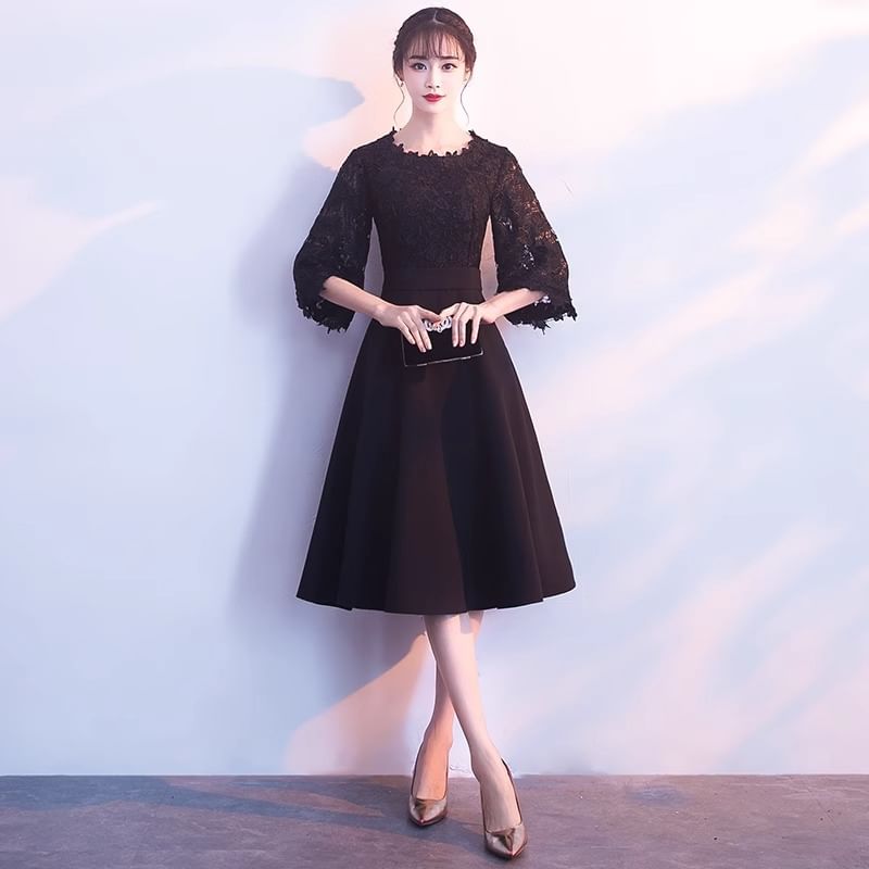 Panel Cocktail Lace Evening Dress / Plain A-Line Sleeve Neck Midi Elbow Gown Round