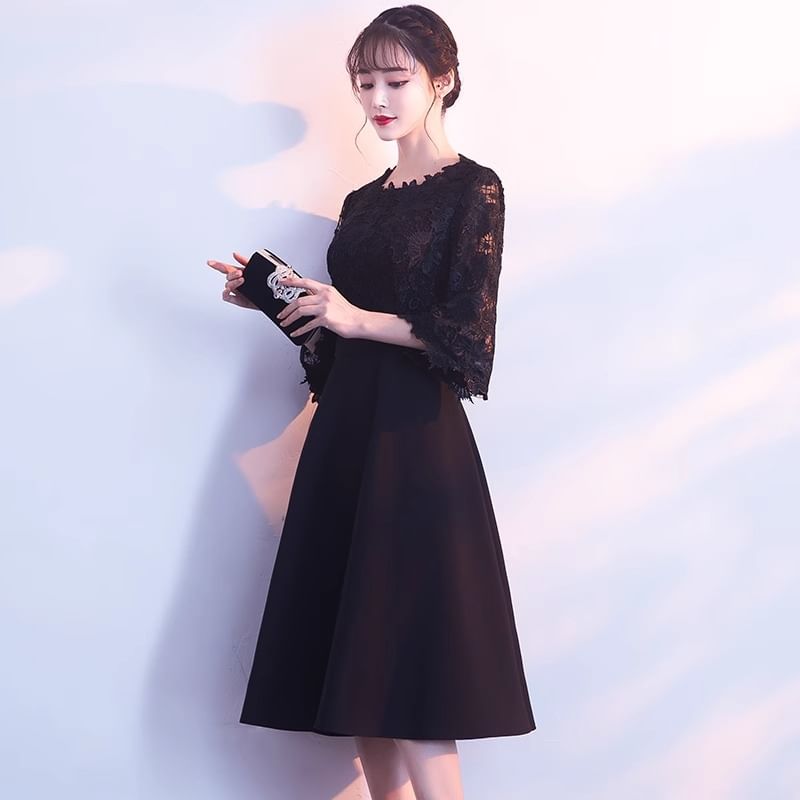 Panel Cocktail Lace Evening Dress / Plain A-Line Sleeve Neck Midi Elbow Gown Round