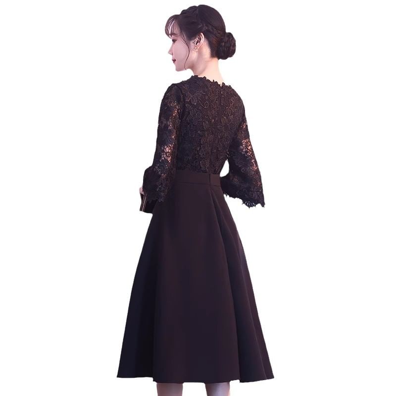 Panel Cocktail Lace Evening Dress / Plain A-Line Sleeve Neck Midi Elbow Gown Round