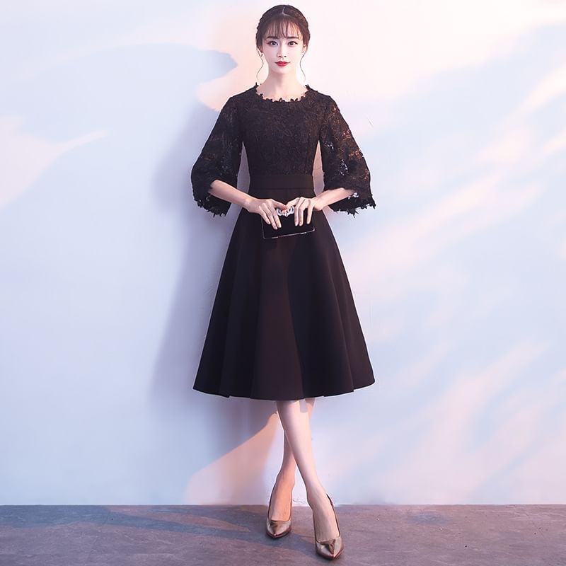 Panel Cocktail Lace Evening Dress / Plain A-Line Sleeve Neck Midi Elbow Gown Round