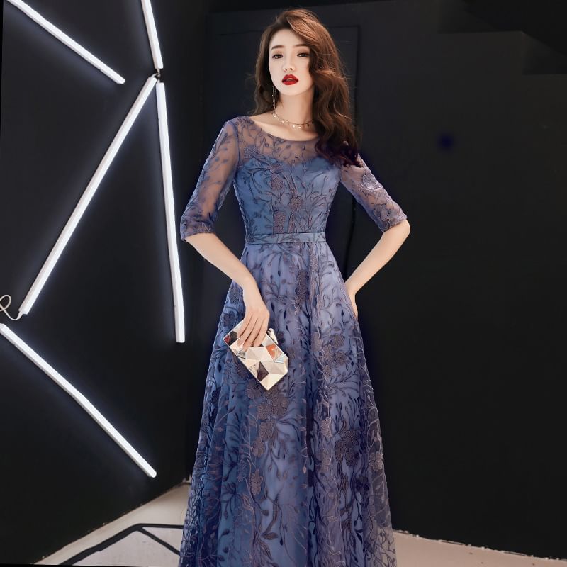 Dress High Evening A-Line Low Elbow-Sleeve Gown Lace /