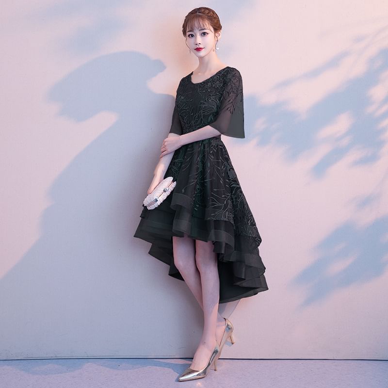 Dress High Evening A-Line Low Elbow-Sleeve Gown Lace /