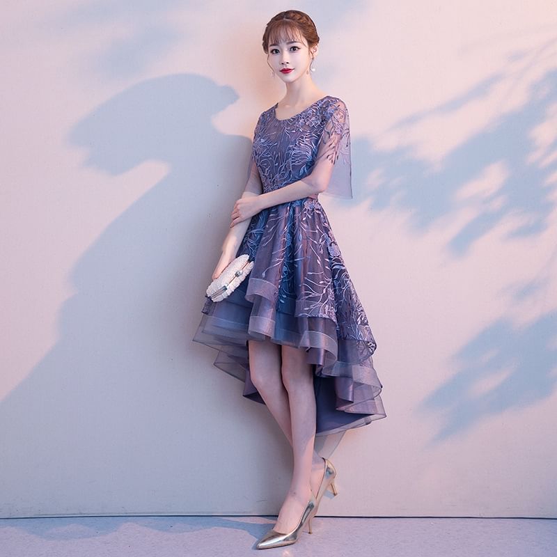 Dress High Evening A-Line Low Elbow-Sleeve Gown Lace /