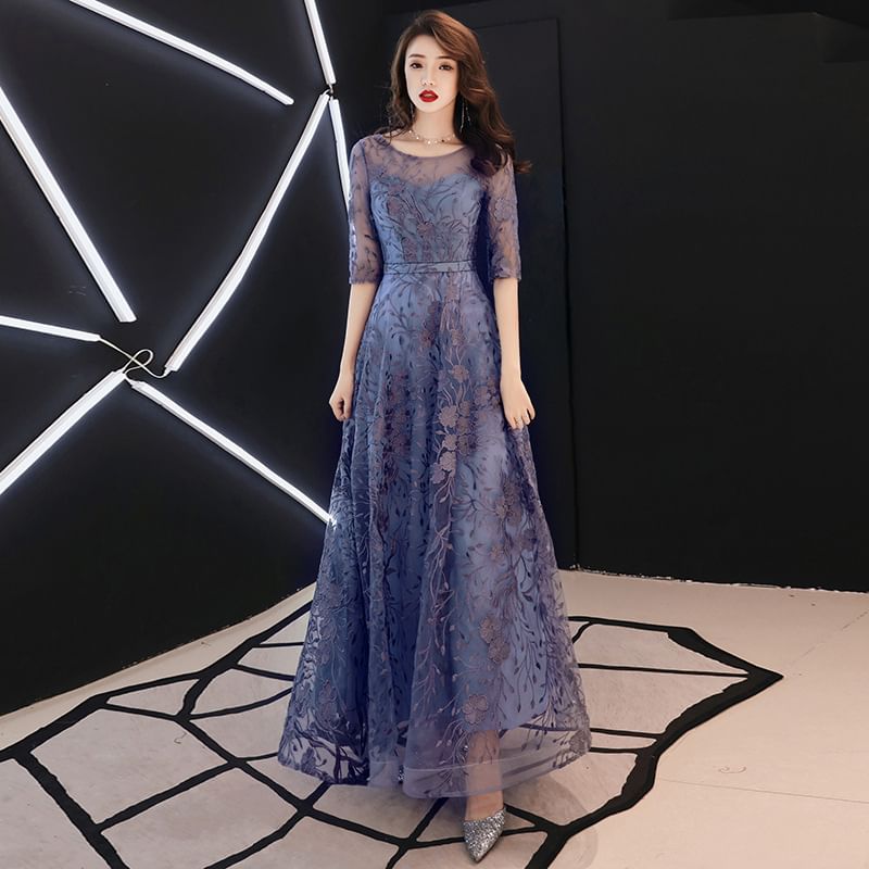 Dress High Evening A-Line Low Elbow-Sleeve Gown Lace /