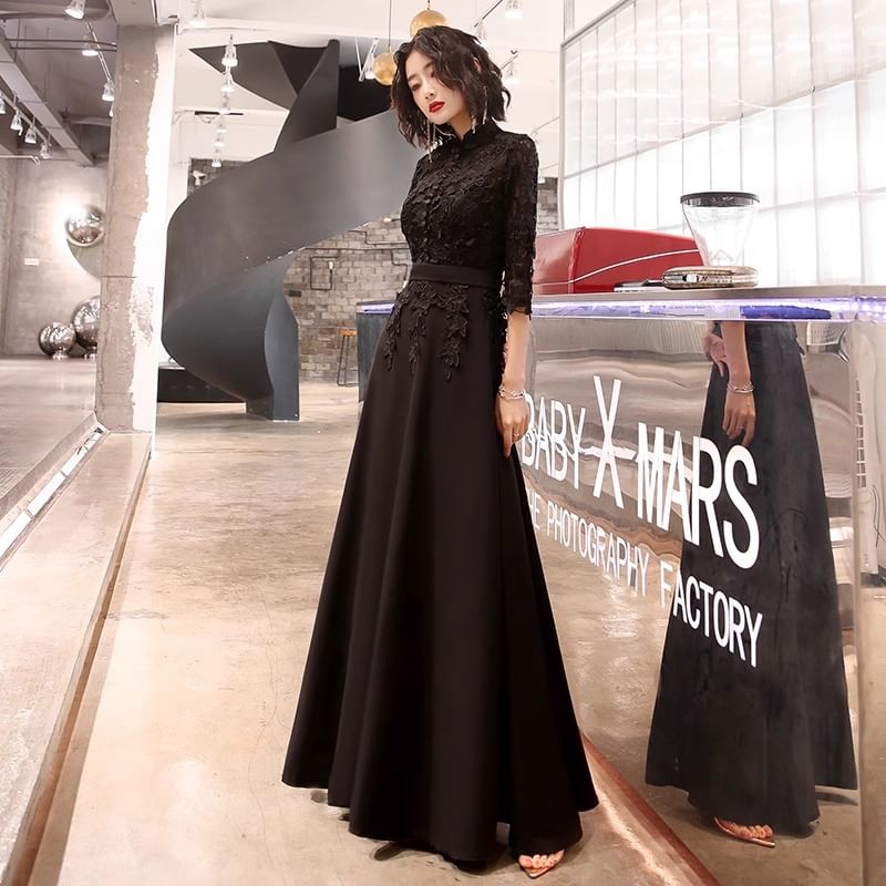 Evening Lace Dress / 3/4-Sleeve A-Line Gown