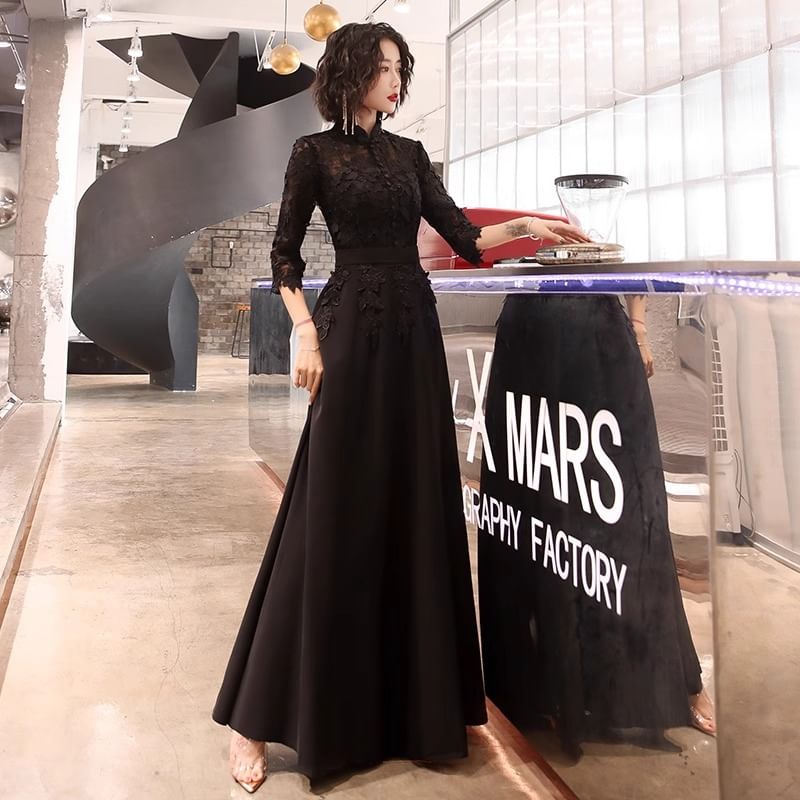 Evening Lace Dress / 3/4-Sleeve A-Line Gown