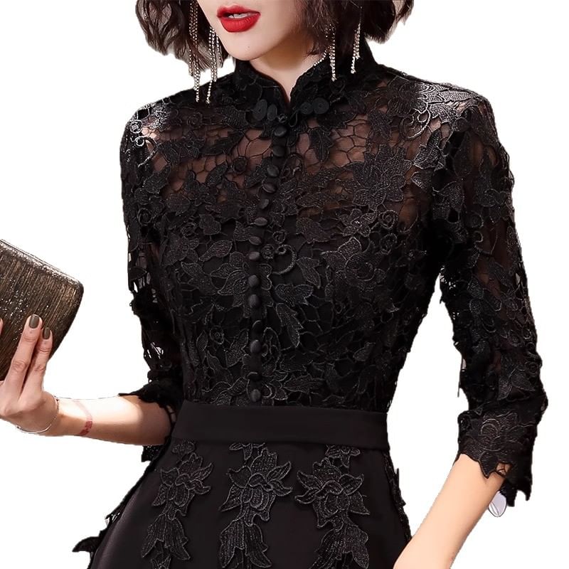 Evening Lace Dress / 3/4-Sleeve A-Line Gown