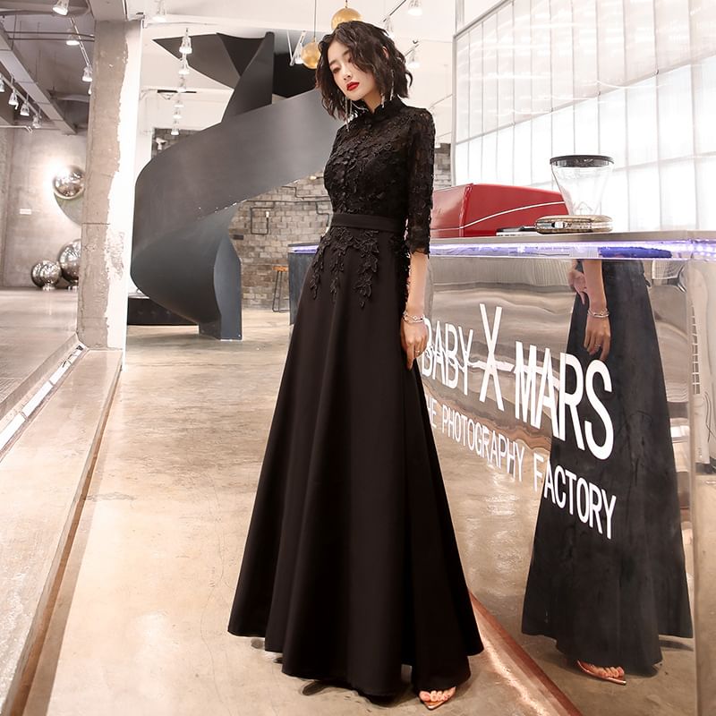 Evening Lace Dress / 3/4-Sleeve A-Line Gown