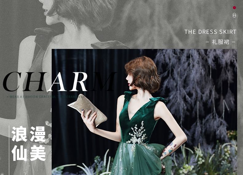 Bow Sleeveless Evening Dress Sequin V-Neck Floral A-Line Cocktail Applique Mesh Midi Velvet Panel / Gown