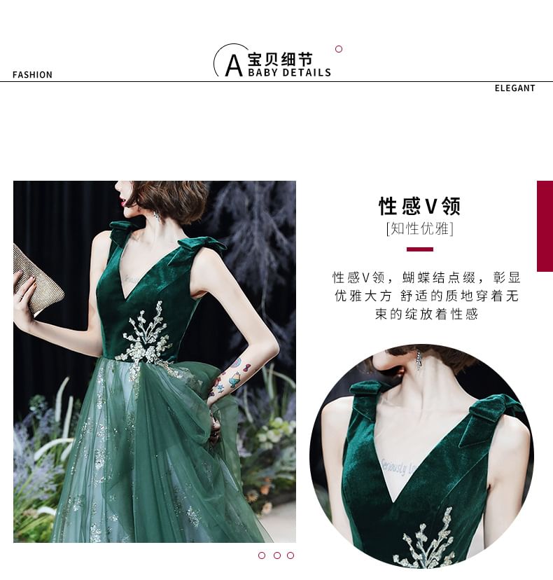 Bow Sleeveless Evening Dress Sequin V-Neck Floral A-Line Cocktail Applique Mesh Midi Velvet Panel / Gown