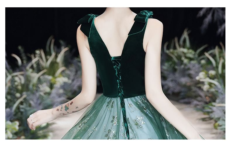 Bow Sleeveless Evening Dress Sequin V-Neck Floral A-Line Cocktail Applique Mesh Midi Velvet Panel / Gown