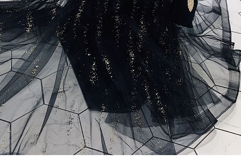 Long Sleeve Sweetheart Neck Two Tone Beaded Sequin Panel Mesh A-Line Evening Gown / Midi Cocktail Dress