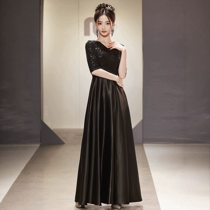 Elbow Sleeve V-Neck Plain Sequin Satin A-Line Evening Gown