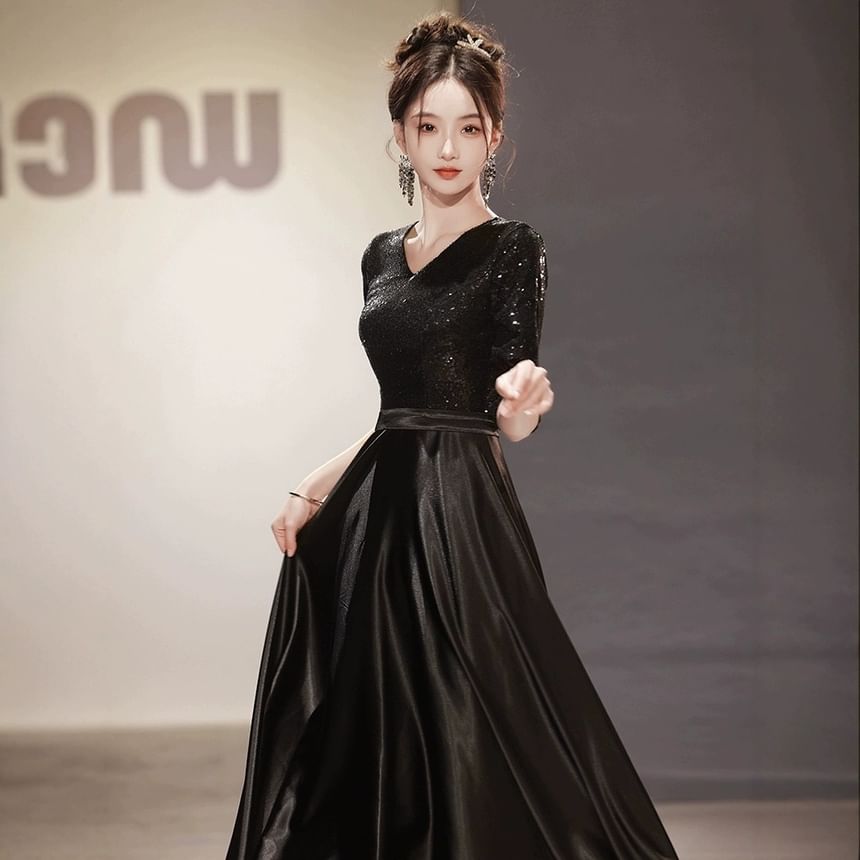 Elbow Sleeve V-Neck Plain Sequin Satin A-Line Evening Gown