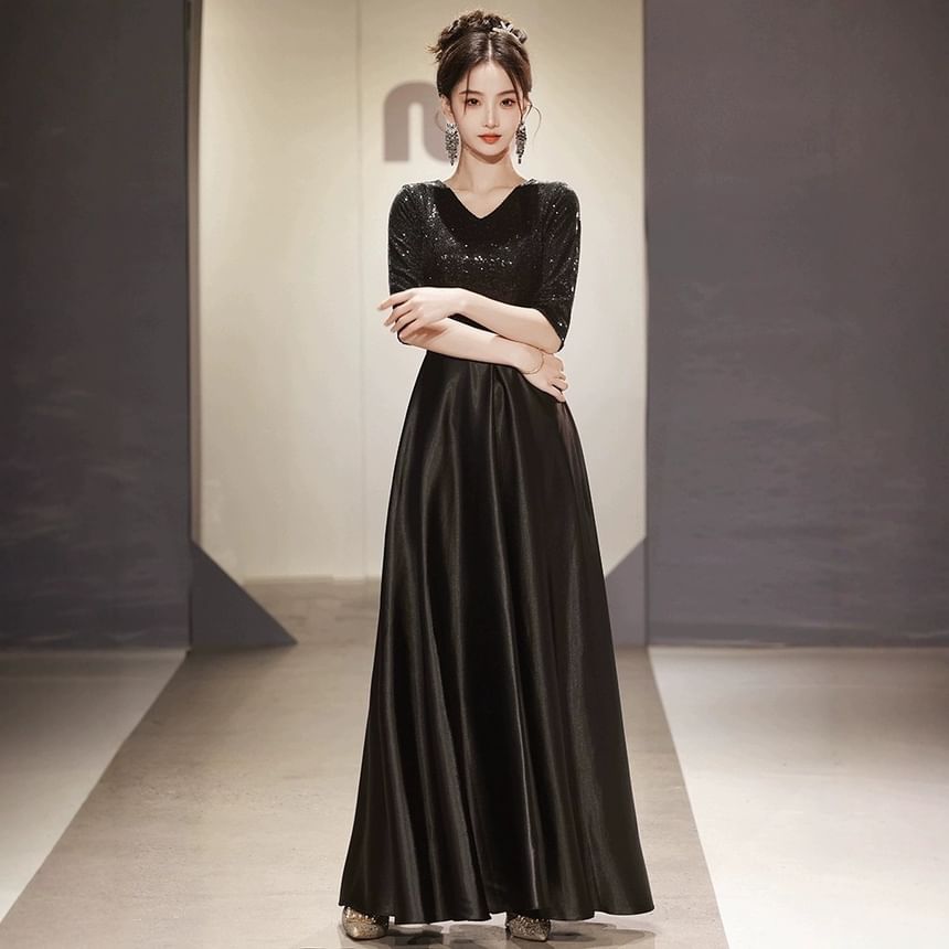 Elbow Sleeve V-Neck Plain Sequin Satin A-Line Evening Gown