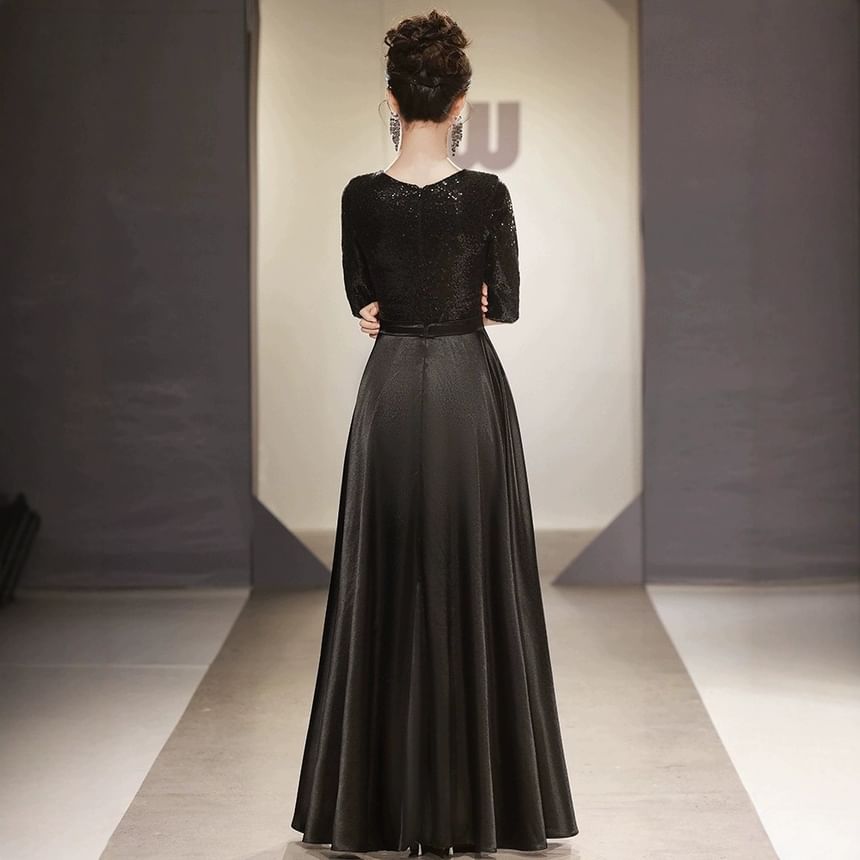 Elbow Sleeve V-Neck Plain Sequin Satin A-Line Evening Gown