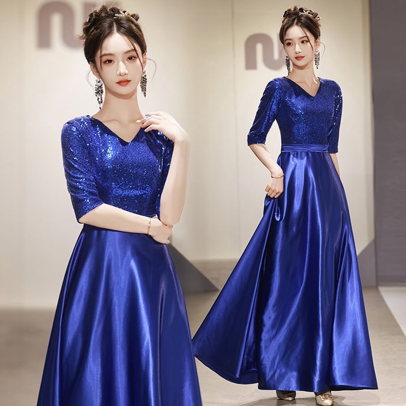 Elbow Sleeve V-Neck Plain Sequin Satin A-Line Evening Gown