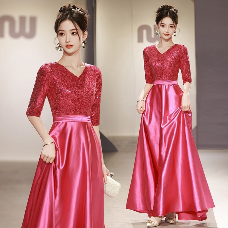 Elbow Sleeve V-Neck Plain Sequin Satin A-Line Evening Gown