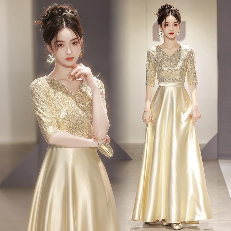 Elbow Sleeve V-Neck Plain Sequin Satin A-Line Evening Gown
