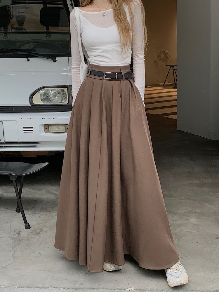 High Waist Plain Pleated Maxi A-Line Skirt