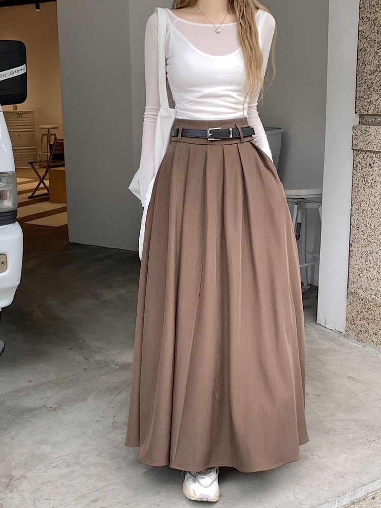 High Waist Plain Pleated Maxi A-Line Skirt