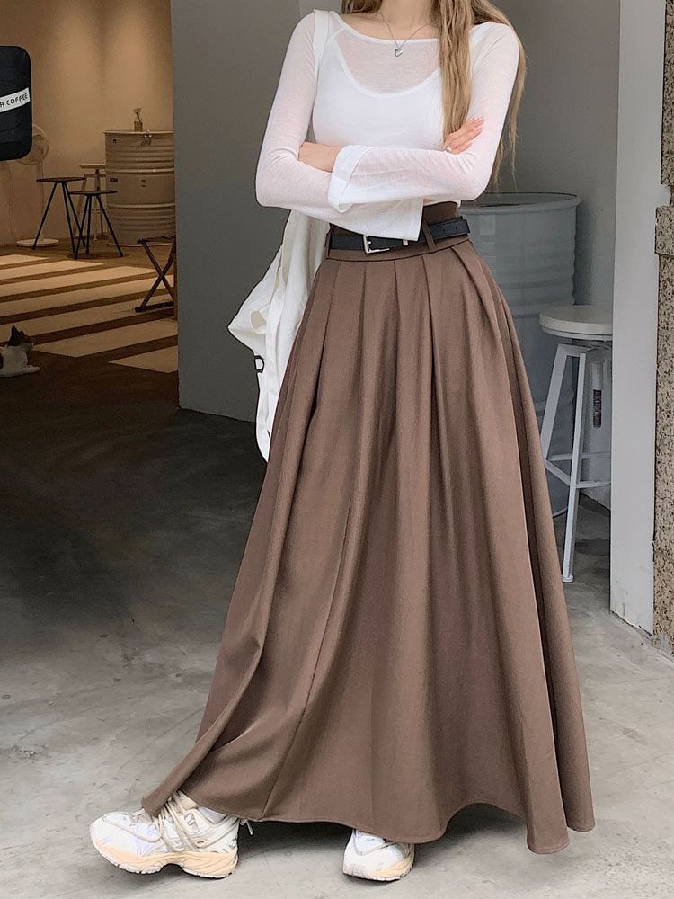 High Waist Plain Pleated Maxi A-Line Skirt