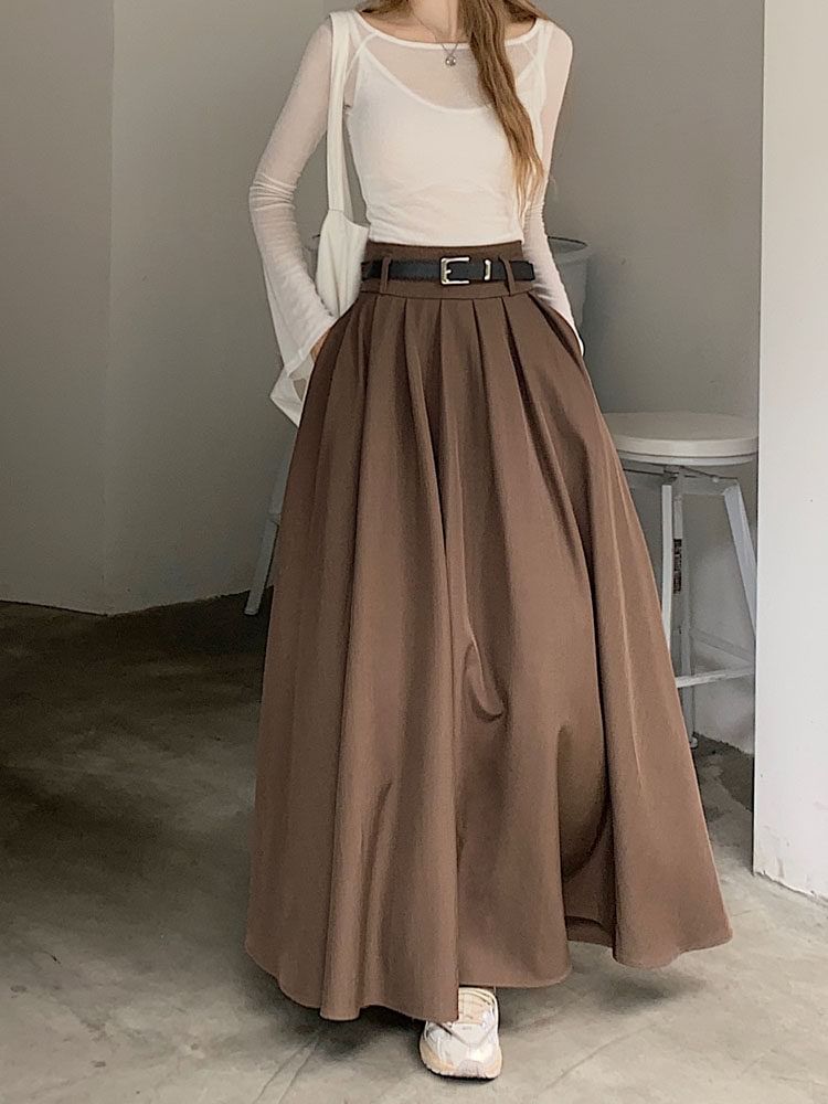 High Waist Plain Pleated Maxi A-Line Skirt