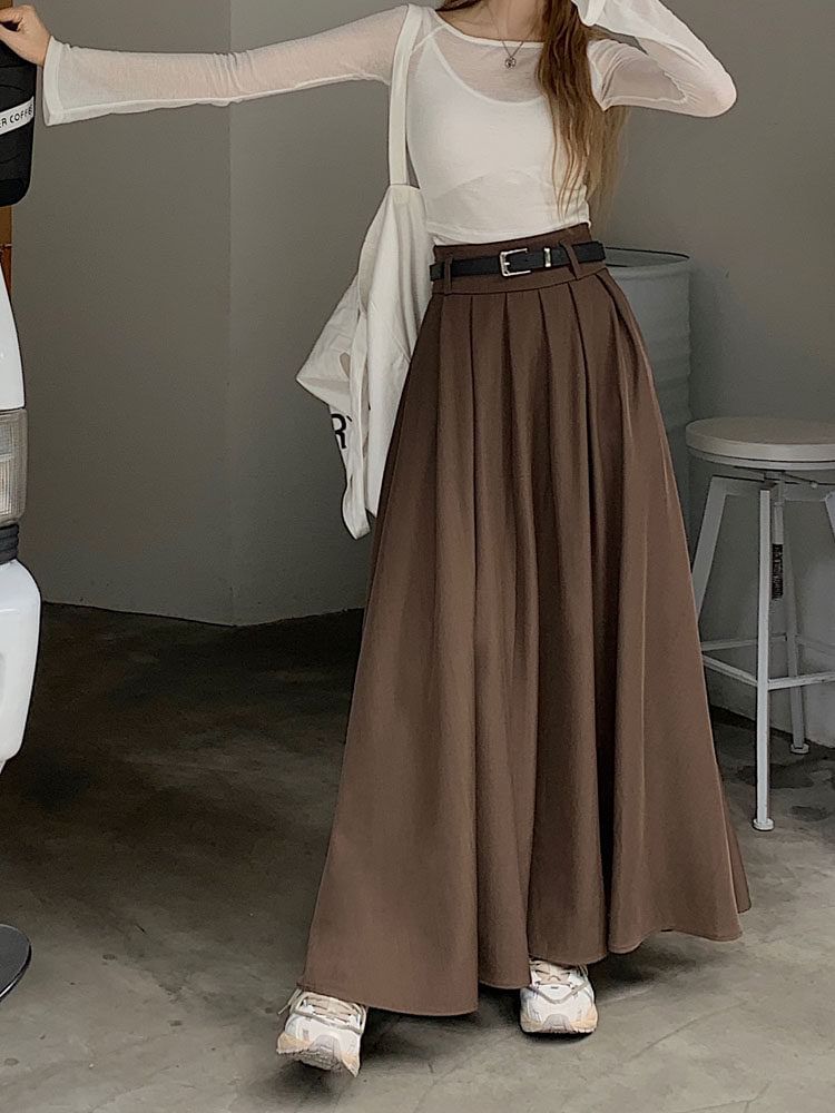 High Waist Plain Pleated Maxi A-Line Skirt