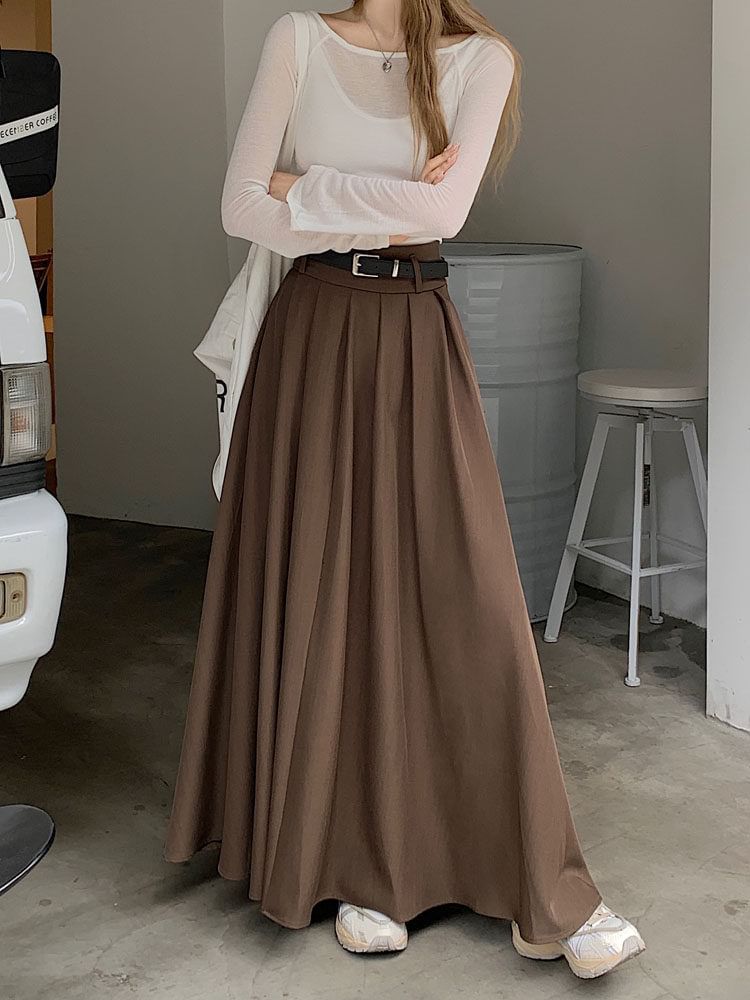 High Waist Plain Pleated Maxi A-Line Skirt
